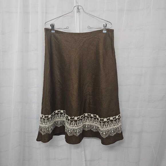 Rafaella Brown Cream Embroidered Linen Skirt Boho Sequin A-Line 12 - Picture 1 of 10